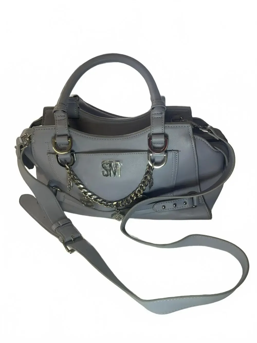 Steve Madden Satchel Crossbody Bag Blue Purse with Silver Chain Charm Details